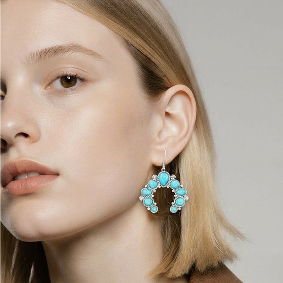 New Turquoise sparkle Western Boho Blue Naja Silver Earrings Squash Blossom - Picture 1 of 6